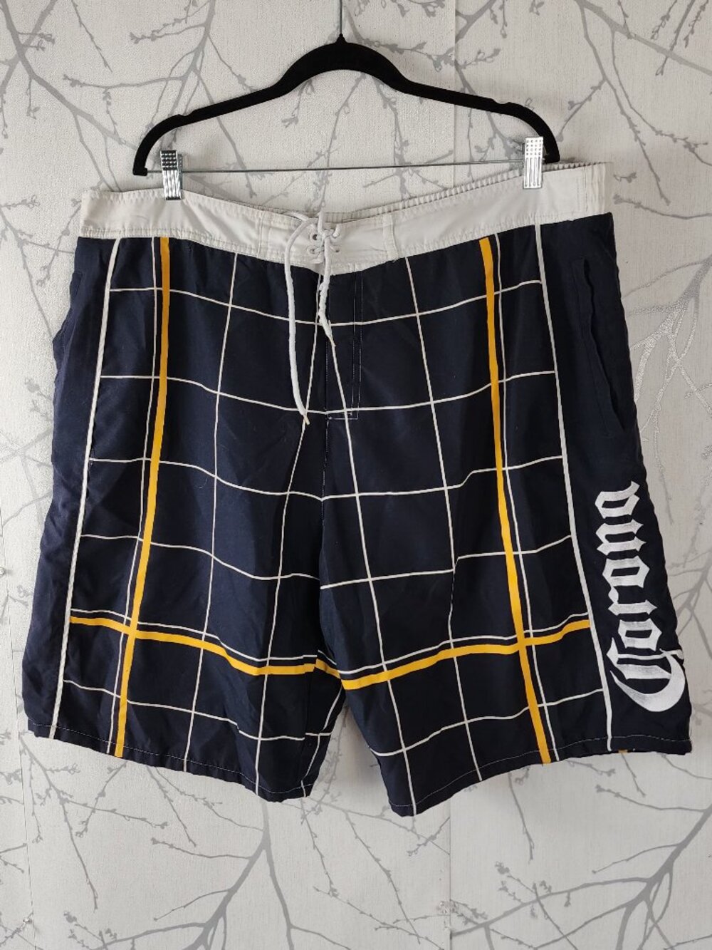 Corona Extra Navy Checks Logo Print Board Shorts